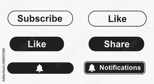 Modern social media user interface buttons including "Subscribe," "Like," "Share," and "Notifications" with a bell icon, for digital engagement in a bright studio.