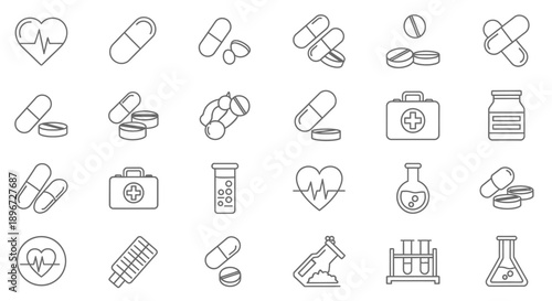 Diverse outline icon set of medicine and pharmaceutical elements, including various pills, capsules, first aid kits, and laboratory equipment, on an isolated white background.