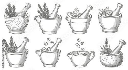 Hand-drawn style collection of mortar and pestle illustrations, depicting herbal medicine, pharmaceutical compounding, and natural remedies, on an isolated white background.