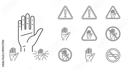 Hand gestures and warning signs collection with various prohibition and caution symbols on isolated white background.