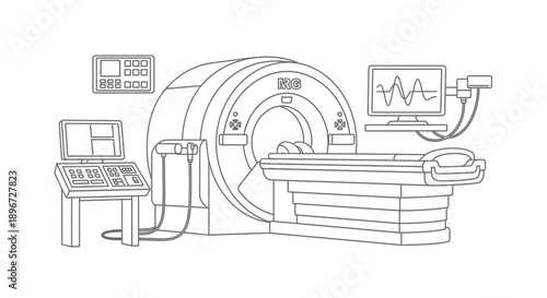 MRI Machine with Control Panel and Monitor, Illustrating Advanced Medical Diagnostic Technology, on Isolated White Background