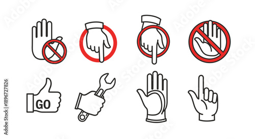 Diverse Set of Hand Gesture Icons Including Stop, Thumbs Up, and Wrench, for Communication and Instruction, on Isolated White Background