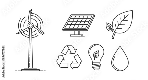 Set of Renewable Energy and Environmental Sustainability Icons, Including Wind Turbine, Solar Panel, and Recycling Symbol, on Isolated White Background