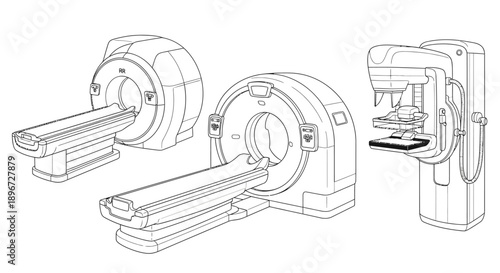 Medical Imaging Equipment Set with MRI Scanner and Mammography Machine for Diagnostics, on Isolated White Background