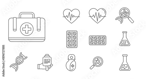 Set of various medical and health icons including first aid kit, DNA, pills, and laboratory equipment on an isolated white background.