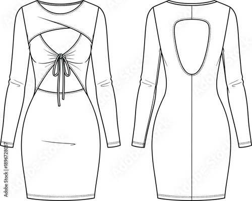 Women's long sleeve bodycon mini dress technical flat sketch, featuring a front keyhole drawstring cutout, gathered bust detail, and large open back design, isolated vector illustration template.