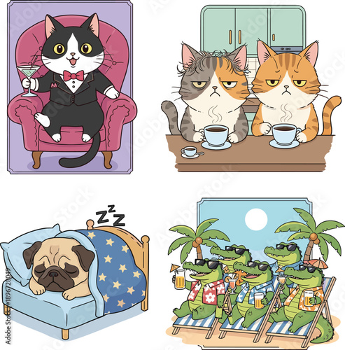 Cute cartoon animals vector illustration set featuring funny cats drinking coffee, sleepy dog in bed and relaxing crocodiles on beach vacation scenes isolated