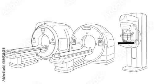 Advanced Medical Diagnostic Imaging Equipment including MRI, CT Scanner, and Mammography on Isolated White Background