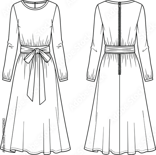 Women's long sleeve midi A-line dress technical flat sketch, featuring a gathered waist, detachable fabric belt with bow detail, scoop neck, and back zipper closure, isolated