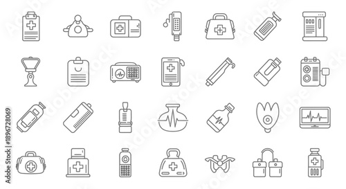 Diverse Collection of Essential Medical and Healthcare Icons for Clinic and Hospital Use on Isolated White Background