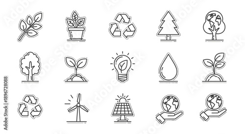 Eco-Friendly Environmental Conservation and Renewable Energy Icons on Isolated White Background
