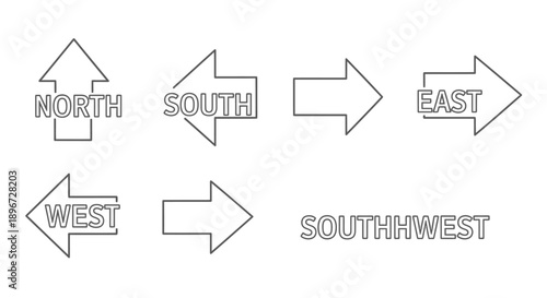 Navigation Directional Arrows North South East West Icons on Isolated White Background