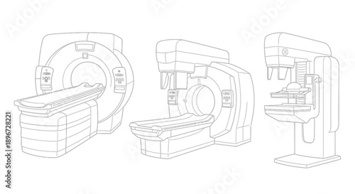 Detailed Outline MRI Scanner and Mammography Machine Medical Diagnosis Equipment on Isolated White Background