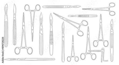 Collection of Surgical Instruments Scalpels Forceps and Scissors Outline on Isolated White Background