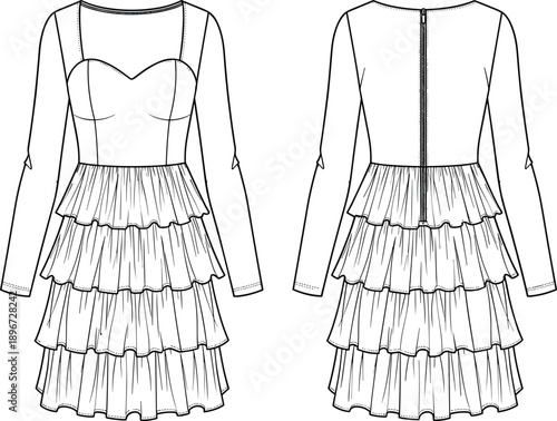 Women's long sleeve tiered mini dress technical flat sketch, featuring a fitted sweetheart bodice, shoulder straps, ruffle layers, and back zipper closure, isolated vector illustration template.