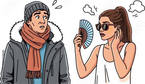 Funny Couple Mismatched Temperature Concept with Shivering Man in Winter Parka and Sweltering Woman with Fan