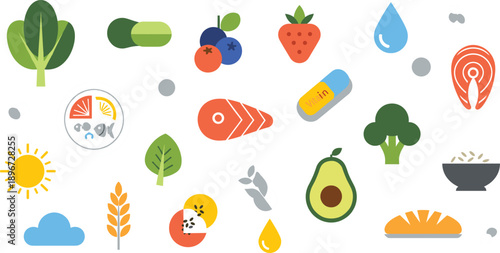 Collection of flat design nutrition icons featuring fresh produce proteins vitamins and healthy lifestyle symbols isolated on grey background