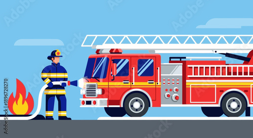 Brave firefighter in action extinguishing flames with a powerful water hose near his fire truck