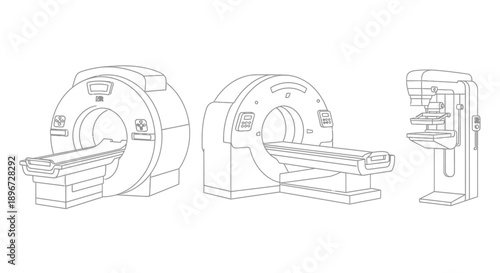 MRI Machine and Mammography Scanner Medical Equipment Outline Icons on Isolated White Background
