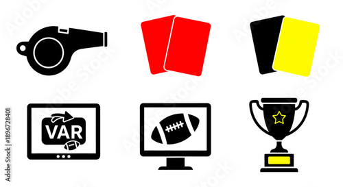 Football Match Referee Icons Set, Whistle VAR Red Yellow Cards Trophy, Sport Competition, Isolated White Background