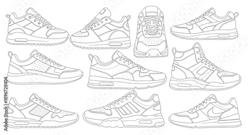 Collection of Sports Shoes and Sneakers, Athletic Footwear, Casual Fashion, Isolated White Background