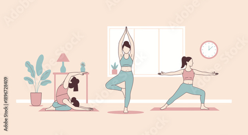 Illustrative Yoga Practice: Three Women Demonstrating Various Poses at Home