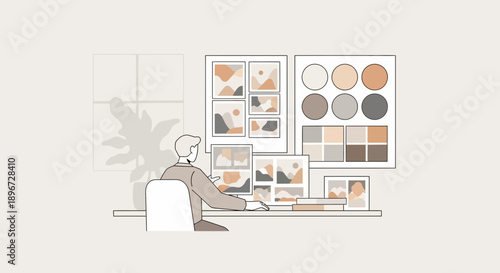 Illustrative workspace featuring a designer working with earth-tone color palettes and landscape