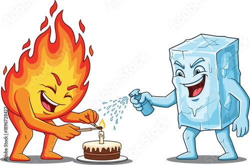 Funny Ice Cube Character Spraying Water to Extinguish Candle Held by Fire Flame Vector