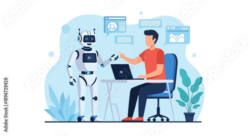 Man interacting with a robot for business solutions in a technology-driven era displaying