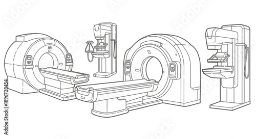 Collection of Medical Diagnostic Imaging Machines, CT Scan and MRI Equipment, Radiology Devices, Isolated White Background