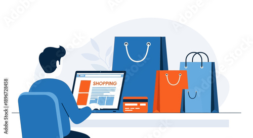 Online Shopping Experience: A Man Using Laptop with Shopping Bags and Credit Card
