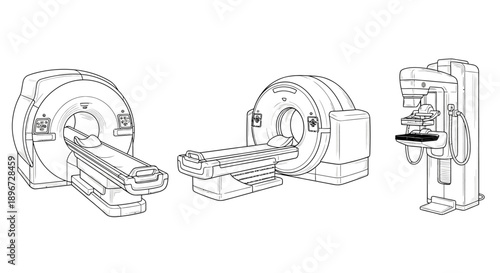 Medical Imaging Equipment Set with MRI and Mammogram Machines, Advanced Diagnostic Devices, Isolated White Background