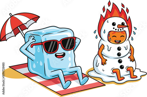 Funny Ice Cube Sunbathing on Beach with Fire Character Wearing Melting Snowman Costume