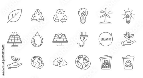 Large set of environmental protection and renewable energy outline icons, isolated white background