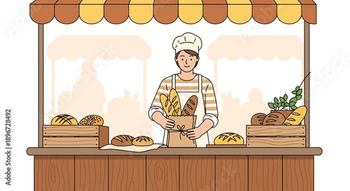 Smiling baker in striped apron selling freshly baked bread at outdoor market stall