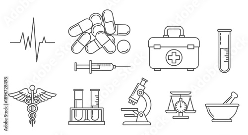 Diverse set of medical and pharmacy outline icons, isolated white background