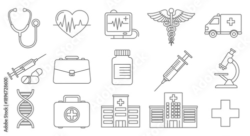 Comprehensive collection of medical and healthcare icons, featuring stethoscope, heartbeat, Caduceus, ambulance, syringe, and hospital buildings, isolated white background.
