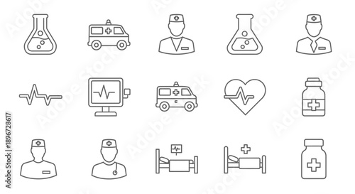 Set of healthcare worker and medical icons, including doctor, nurse, ambulance, heartbeat, and medicine bottle, isolated white background.