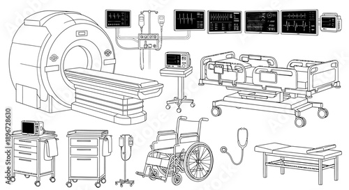 Detailed collection of hospital room equipment, featuring MRI scanner, patient bed, wheelchair, IV stands, and medical monitors, isolated white background.