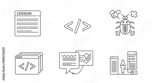 Collection of coding and software development icons, including code snippets, bug, server, and communication symbols, isolated white background.