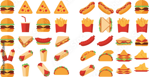 Large set of colorful fast food icons featuring burgers pizza slices hot dogs french fries and tacos isolated on dark background for menu design