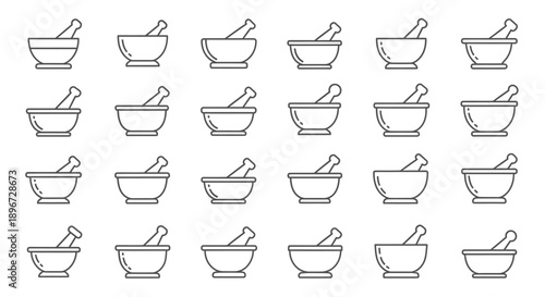Seamless pattern of mortar and pestle icons, symbolizing pharmacy, compounding, and traditional medicine, isolated white background.