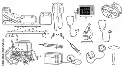 Comprehensive set of medical and hospital equipment, including bed, wheelchair, IV drip, microscope, and diagnostic tools, isolated white background.
