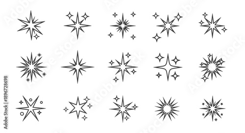 Collection of various sparkle and star light effect icons, symbolizing glitter, magic, and shine, isolated white background.