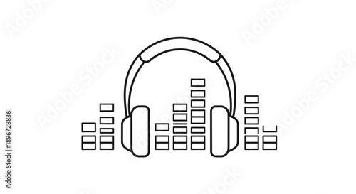 Headphones with sound equalizer bars depicting audio playback or music, isolated white background.