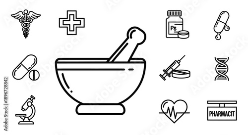 Set of pharmacy and medical science icons including mortar and pestle, pills, caduceus, and a cross, isolated white background.