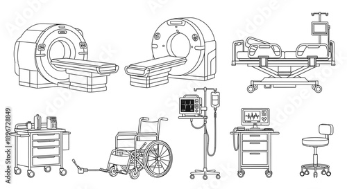 Comprehensive set of medical equipment line icons including MRI scanner, hospital bed, and wheelchair, isolated white background.