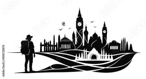 Solo traveler admires iconic city skyline silhouette at sunset, symbolizing adventure and exploration.