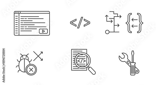 Software development and programming tools with debugging and code review icons on isolated white background