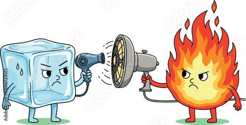 Angry Ice Cube with Hairdryer Facing Fire Flame with Electric Fan Cartoon Battle Concept Vector